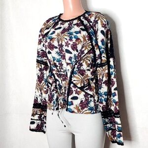 Topshop Floral Lace Up Front Top Multicolor Black Lace Trim Crochet Retro